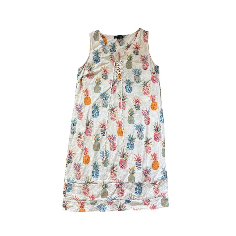For Cynthia Pineapple Shift Dress Women White Multi Boho Lace Up SIZE M
